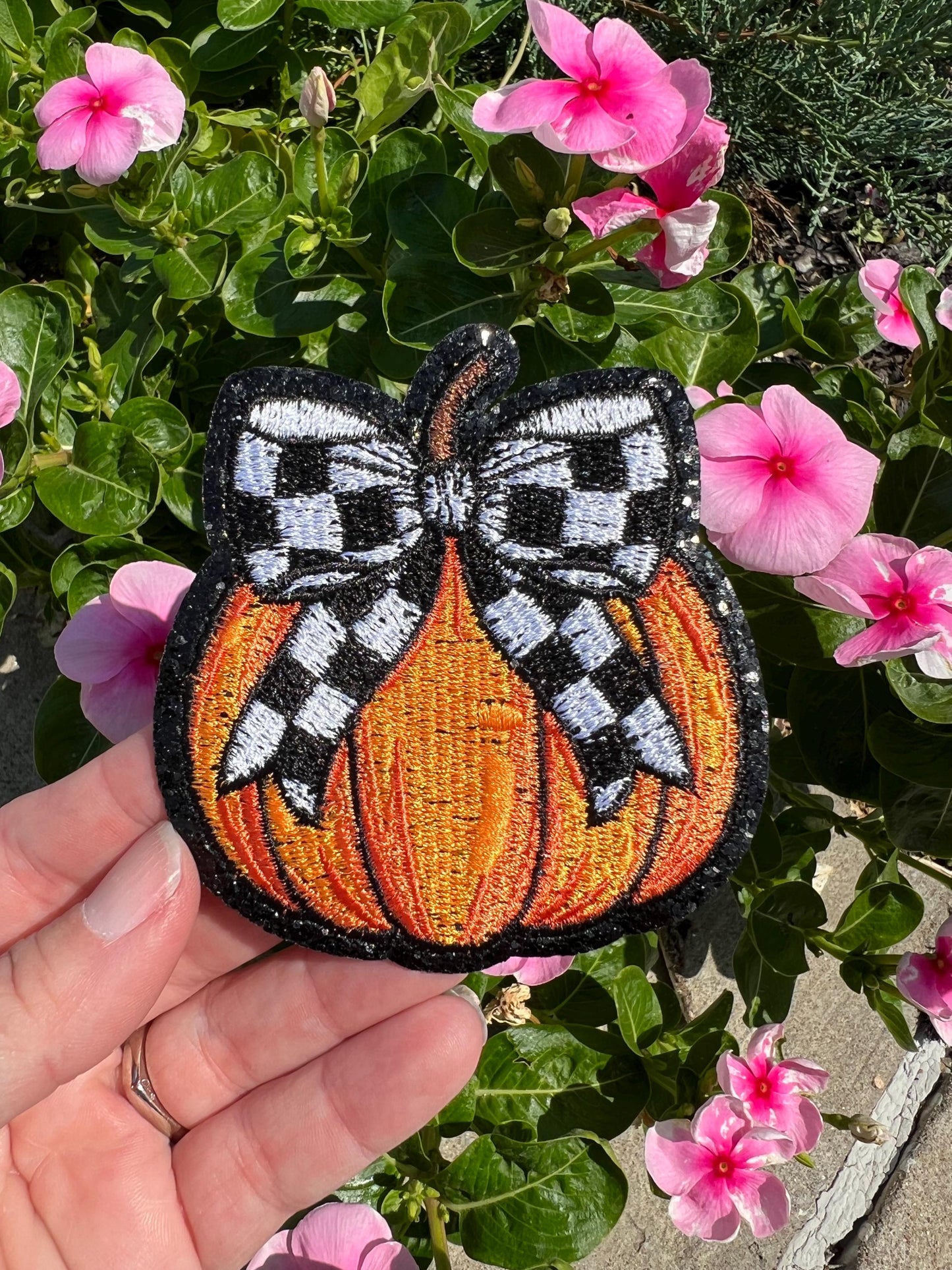 Pumpkin Patch with Checkered Bow, Embroidered patch with leopard fabric and Black glitter outline!   *iron on Patch *Hat Patch