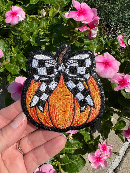 Pumpkin Patch with Checkered Bow, Embroidered patch with leopard fabric and Black glitter outline!   *iron on Patch *Hat Patch