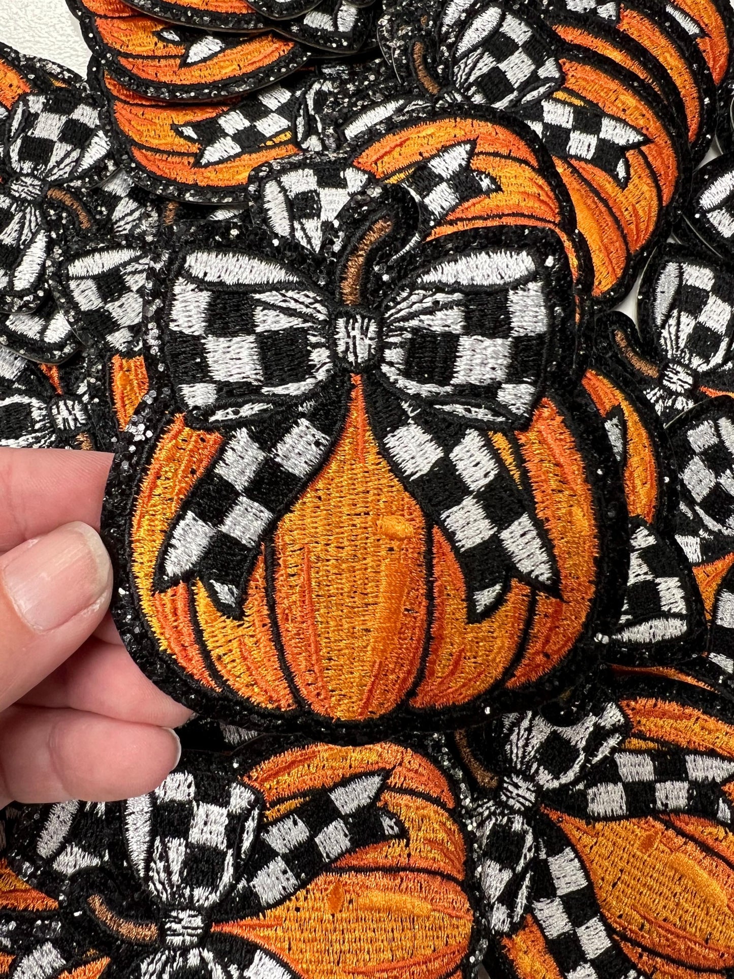 Pumpkin Patch with Checkered Bow, Embroidered patch with leopard fabric and Black glitter outline!   *iron on Patch *Hat Patch