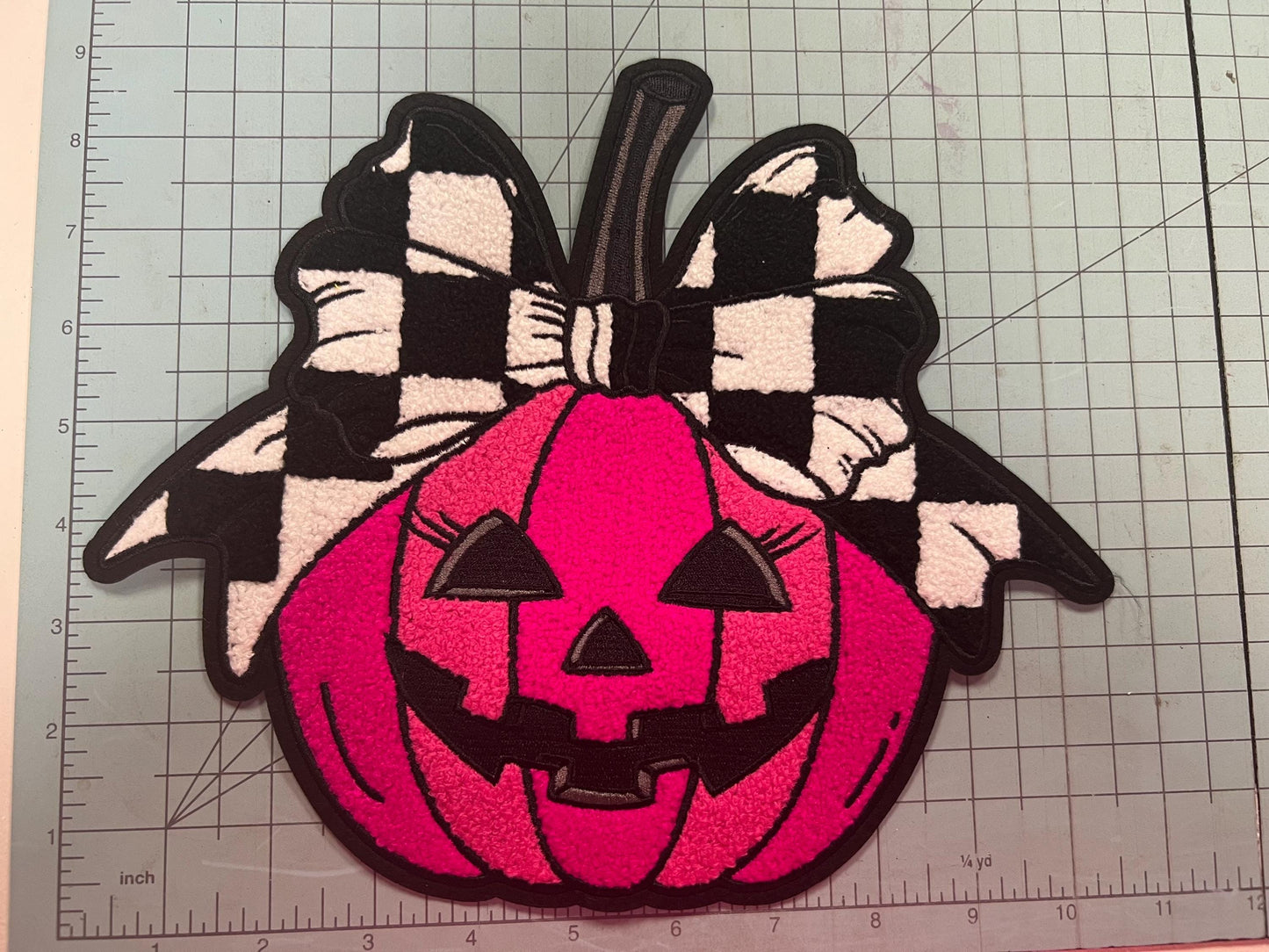 Pink Jack-o-lantern with Bow * Iron-on Patch, Fall Large Patch, Shirt Patch, Chenille Patch